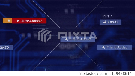 Showing red SUBSCRIBED bar left of digital circuit, blue Friend Added and LIKED badges, copy space Showing red SUBSCRIBED bar left of digital circuit, blue Friend Added and LIKED badges, copy space 139428614