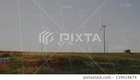 Rotating white wind turbines dominating grassy plain under translucent data grid displaying 67% 139428674