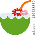 Tropical Coconut Drink with Straw and Flowers Flat Summer Illustration 139428860
