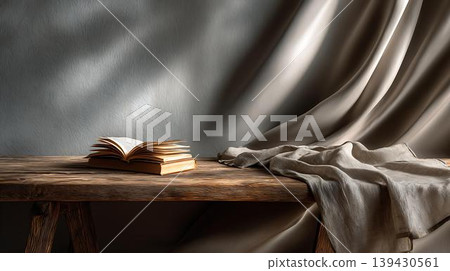 vintage brown curtain on wooden table 139430561