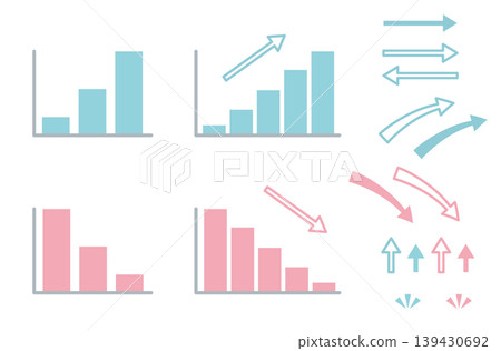 A set of bar graphs and arrows in muted colors. Cute materials for women's business and social media. 139430692