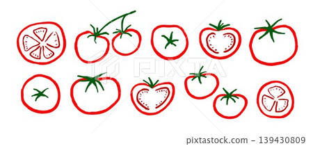 Hand drawn tomato set. Outline red tomatoes doodle collection. Organic healthy food bundle for restaurant menu, cooking recipe. Italian fresh farm vegetable sketch element pack. Vector illustration Hand drawn tomato set. Outline red tomatoes doodle collection. Organic healthy food bundle for restaurant menu, cooking recipe. Italian fresh farm vegetable sketch element pack. Vector illustration 139430809