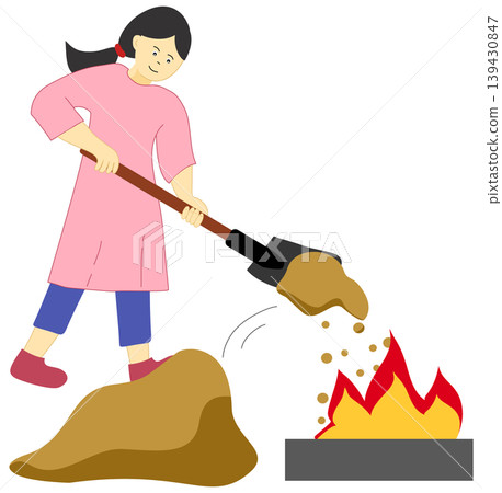 Woman Using Shovel to Put Out Fire with Sand or Dirt for Fire Safety Education Woman Using Shovel to Put Out Fire with Sand or Dirt for Fire Safety Education 139430847