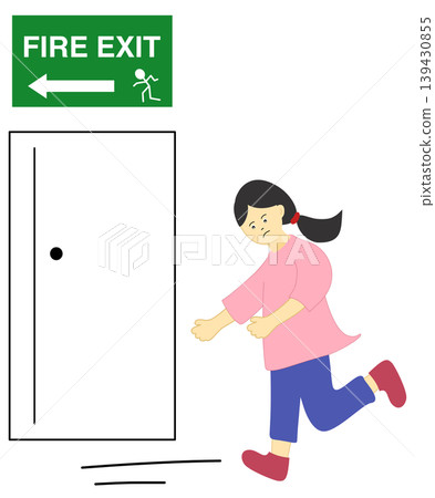 Woman Running Towards Fire Exit Door for Emergency Evacuation Woman Running Towards Fire Exit Door for Emergency Evacuation 139430855
