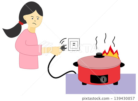 Woman Unplugging Electric Pot to Prevent Kitchen Fire and Electrical Hazard 139430857