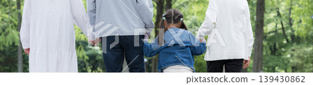 A three-generation family walking hand in hand in a park surrounded by fresh greenery - a happy family life - a banner showing a faceless back view. A three-generation family walking hand in hand in a park surrounded by fresh greenery - a happy family life - a banner showing a faceless back view. 139430862