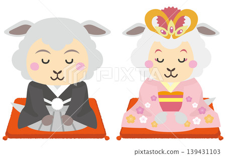 A pair of sheep sitting in seiza (formal kneeling position) in kimono attire: New Year's greetings and a formal Japanese image. A pair of sheep sitting in seiza (formal kneeling position) in kimono attire: New Year's greetings and a formal Japanese image. 139431103