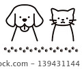 Simple line drawings of dogs and cats, and paw print line art. 139431144