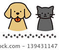 Simple illustrations of dogs and cats, and paw print line art. 139431147