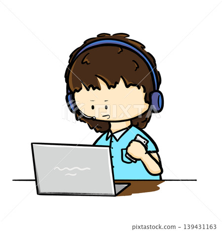 Customer service boy looking at a laptop while holding a phone cartoon illustration 139431163