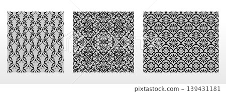 Geometric floral set of seamless patterns. Gray and black vector backgrounds. Damask graphic ornaments Geometric floral set of seamless patterns. Gray and black vector backgrounds. Damask graphic ornaments 139431181