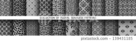Geometric floral set of seamless patterns. Gray and black vector backgrounds. Damask graphic ornaments 139431185