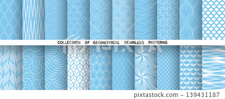 Geometric set of seamless blue and white patterns. Simple vector graphics Geometric set of seamless blue and white patterns. Simple vector graphics 139431187