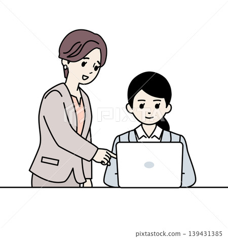 一位資深女同事正在指導一位年輕同事操作電腦。 (向量圖) 一位資深女同事正在指導一位年輕同事操作電腦。 (向量圖) 139431385