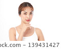 A beautiful young Asian woman with clean, fresh skin against a white background. Skincare, facial treatment, cosmetology, beauty, and spa. An elegant portrait of an Asian woman. 139431427