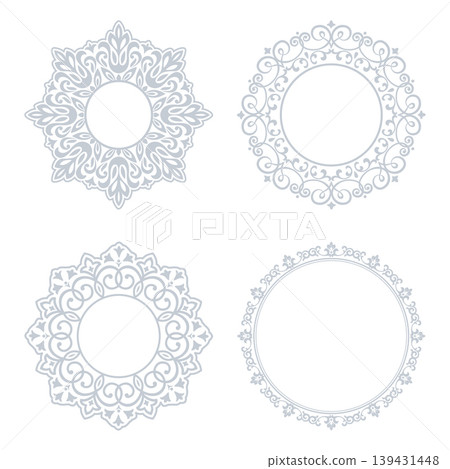 Set of decorative frames Elegant vector element for design in Eastern style, place for text. Floral gray and white frames. Lace illustration for invitations and greeting cards Set of decorative frames Elegant vector element for design in Eastern style, place for text. Floral gray and white frames. Lace illustration for invitations and greeting cards 139431448