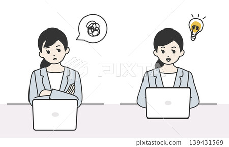 一幅插圖描繪了一位女商人正在電腦前苦苦掙扎，而另一位女商人則想出了一個絕妙的解決方案。 139431569