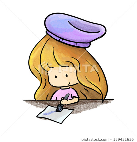 Cute girl wearing beret painting with paintbrush cartoon illustration 139431636