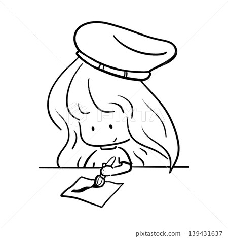 Cute girl wearing beret painting on paper cartoon outline illustration 139431637