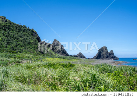 Lanyu, Taiwan: A unique Pacific coastline, a unique black volcanic rock formation by the sea. 139431855