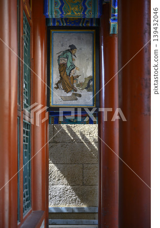Fragment of decorated gallery of ancient Buddhist Foxiange Temple in Yiheyuan Park in Beijing, China Fragment of decorated gallery of ancient Buddhist Foxiange Temple in Yiheyuan Park in Beijing, China 139432046