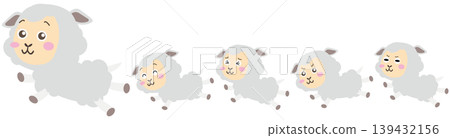 A set of illustrations depicting jumping sheep growing up while marching with their parents and companions. 139432156
