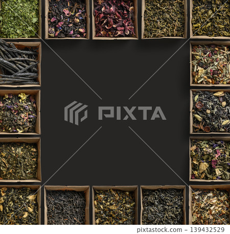 Artisan collection of dried herbs and aromatic spices typical of natural markets 139432529