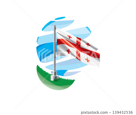 Georgian flag on a green lawn against a background of blue abstract sky 139432536