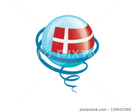 Stylish international icon showcasing Danish flag within reflective globe design 139432560