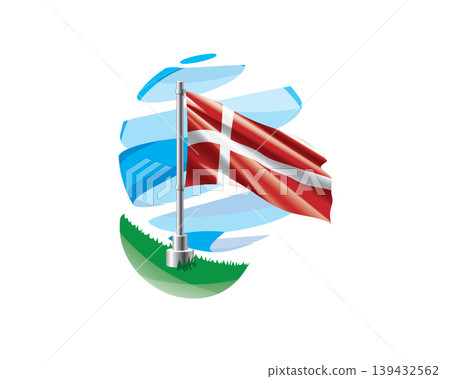 Danish flag on a green lawn against a background of blue abstract sky Danish flag on a green lawn against a background of blue abstract sky 139432562
