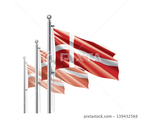 Brightly shining Danish flags wave proudly on tall masts during official celebration events Brightly shining Danish flags wave proudly on tall masts during official celebration events 139432568