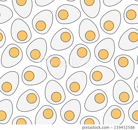 Boiled chicken egg, boiled and cut into two halves, pieces. Colored seamless pattern hand drawn illustration. Vector graphic line art. Healthy natural food, fresh ingredient, top view. Boiled chicken egg, boiled and cut into two halves, pieces. Colored seamless pattern hand drawn illustration. Vector graphic line art. Healthy natural food, fresh ingredient, top view. 139432586