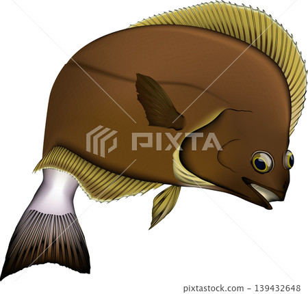 魚類插圖：比目魚“Sohachi”（日本比目魚），向量格式，白色背景（PNG 版本具有透明背景），單張圖片。 139432648