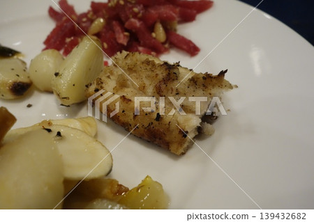 Grilled Fish with Roasted Vegetables and Tomato Salad Grilled Fish with Roasted Vegetables and Tomato Salad 139432682