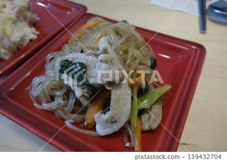 Chicken and Noodle Stir-Fry on Red Plate Chicken and Noodle Stir-Fry on Red Plate 139432704