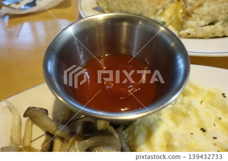 Ketchup Cup with Mashed Potatoes and Mushrooms 139432733