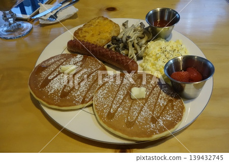 Breakfast Plate with Pancakes, Sausage, and Hash Browns Breakfast Plate with Pancakes, Sausage, and Hash Browns 139432745