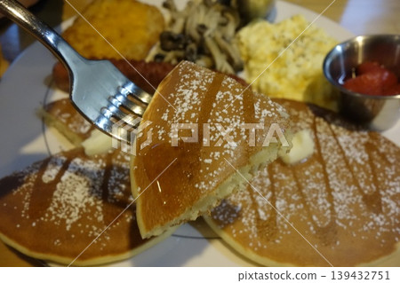 Pancake with Fork and Breakfast Plate Pancake with Fork and Breakfast Plate 139432751