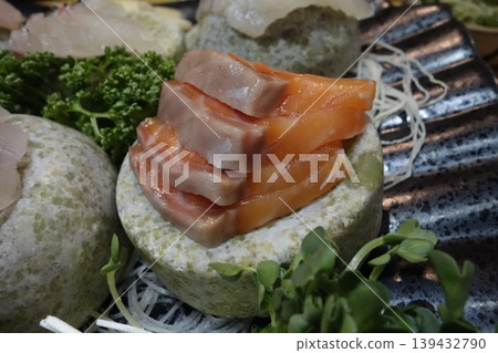 Sashimi on Stone Plate with Garnishes Sashimi on Stone Plate with Garnishes 139432790