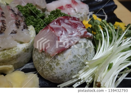 Fresh Seafood Sashimi Platter with Garnishes Fresh Seafood Sashimi Platter with Garnishes 139432793