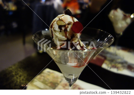 Gourmet Ice Cream Martini Dessert with Almonds and Cherry Gourmet Ice Cream Martini Dessert with Almonds and Cherry 139432822