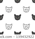 Hand-drawn simple vector seamless pattern. Cute cartoon face of a black cat, contour of the muzzle on a white background. For prints of children's clothing, t-shirt, textile products. Favorite pet. 139432922