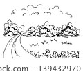 Hand-drawn simple vector sketch with black outline. Suburban landscape, rural road, grass and flowers in the foreground, bushes, meadow, trees on the horizon, clouds. 139432970