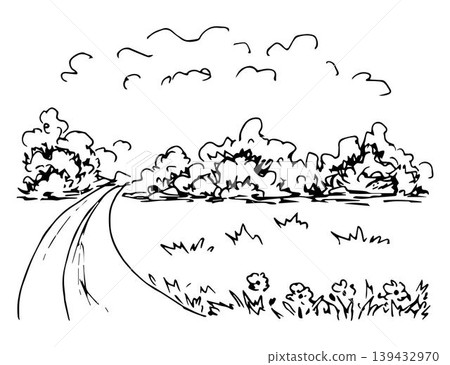 Hand-drawn simple vector sketch with black outline. Suburban landscape, rural road, grass and flowers in the foreground, bushes, meadow, trees on the horizon, clouds. Hand-drawn simple vector sketch with black outline. Suburban landscape, rural road, grass and flowers in the foreground, bushes, meadow, trees on the horizon, clouds. 139432970