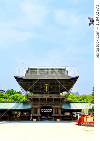 【福岡】福岡初夏：箱崎神社的大門和一隻展翅飛翔的鴿子。 139432973