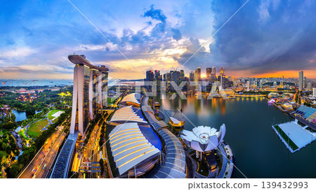 Aerial shots of cityscape at twilight in Singapore. Aerial shots of cityscape at twilight in Singapore. 139432993