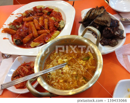 Korean Meal with Ramen, Tteokbokki, and Side Dishes 139433066