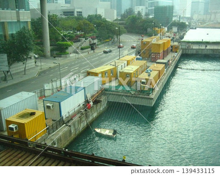 Urban Waterfront with Container Units and Cityscape Urban Waterfront with Container Units and Cityscape 139433115