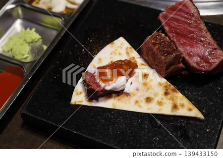 Steak with Tortilla and Salsa on Black Slate Plate Steak with Tortilla and Salsa on Black Slate Plate 139433150