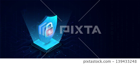 Cybersecurity shield with padlock icon on digital circuit board vector technology background Cybersecurity shield with padlock icon on digital circuit board vector technology background 139433248